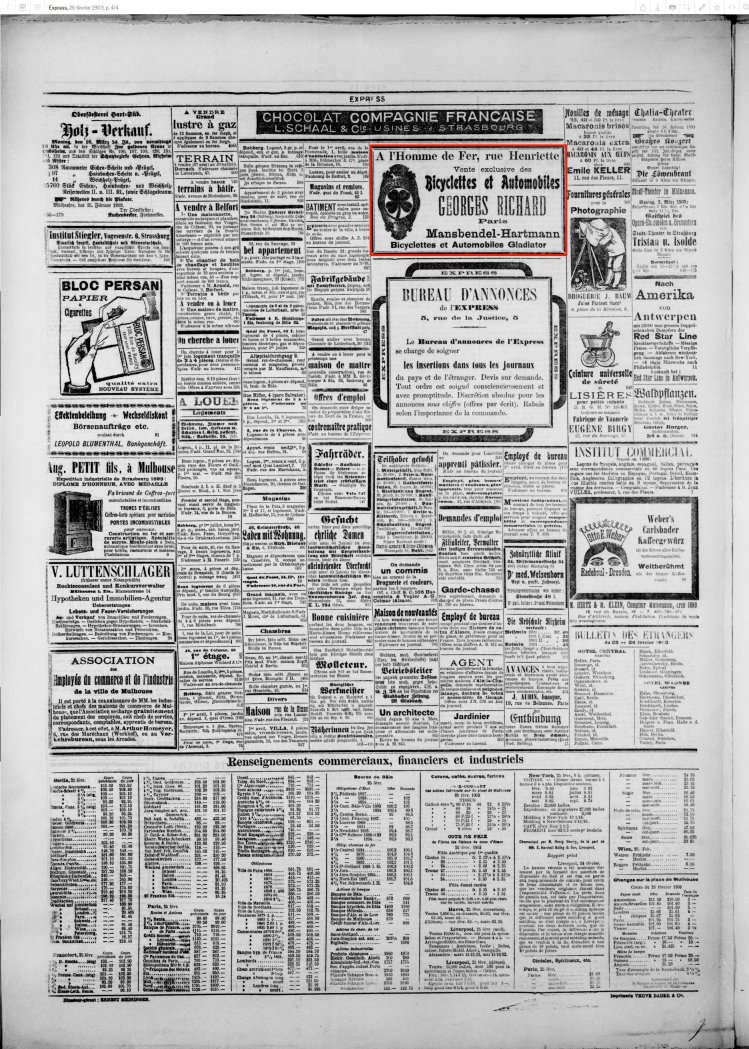Journal L'Express de Mulhouse du 26 février 1903 (p.4) : bicyclettes et automobiles Georges Richard, Gladiator.